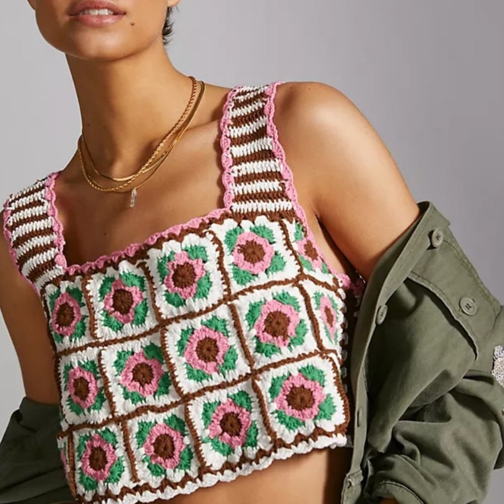 NWOT Maeve by Anthropologie Reversible Granny Square Floral crotchet crop top OS